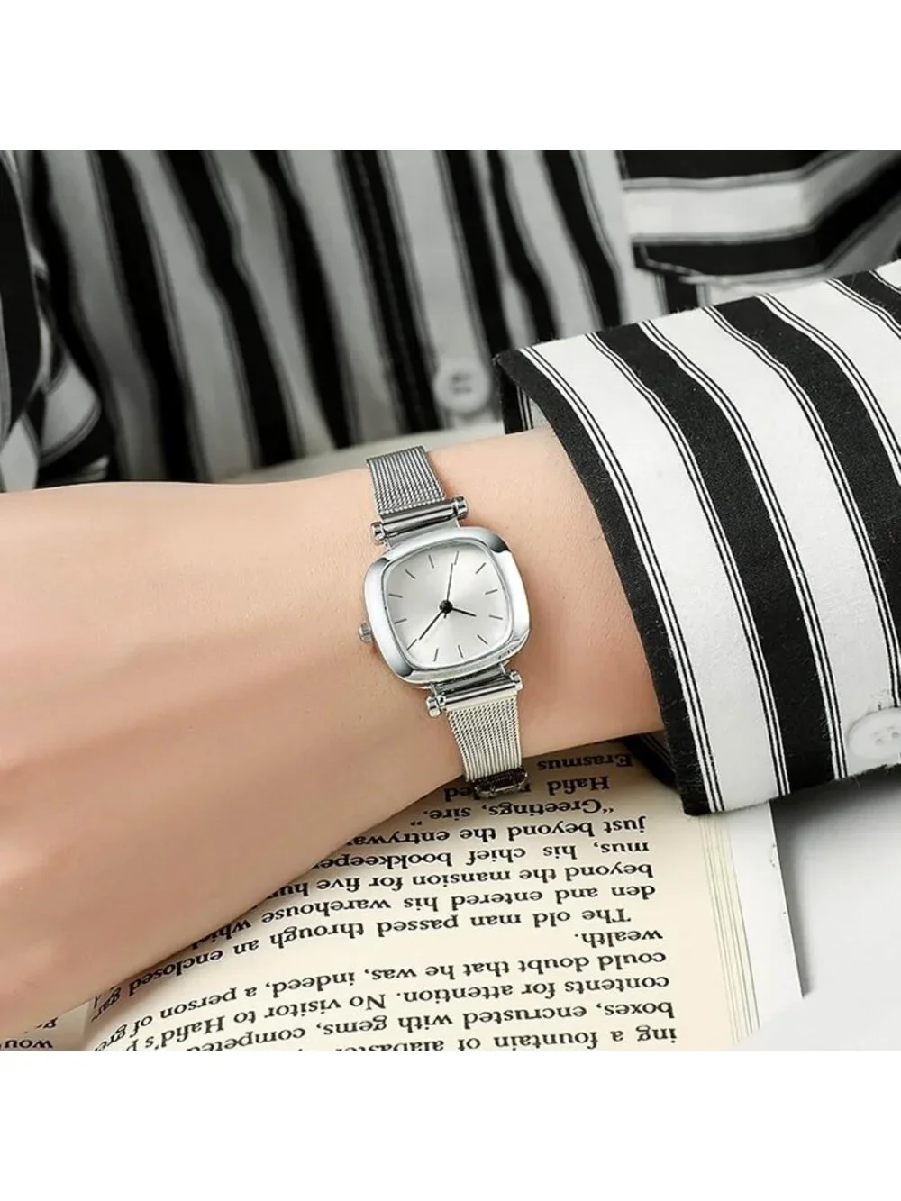 Women Silver Jewelry Stainless Steel Diamond Bangle Bracelets Set Square Watch